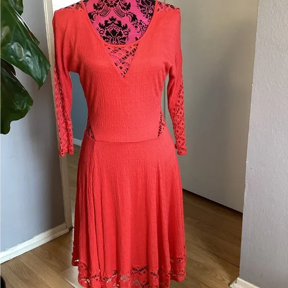 Free People | Dresses | Free People Vibrant Coral Long Sleeve Dress M |  Poshmark
